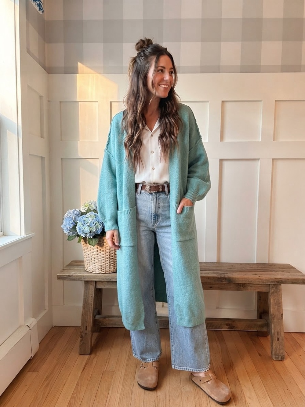 Long Open-Front Cozy Cardigan Sweater in Mint Green 4XL